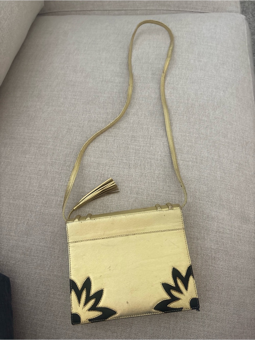 Vintage 1980s Paloma Picasso Gold Leather Crossbody Bag Black Leaf Tassel